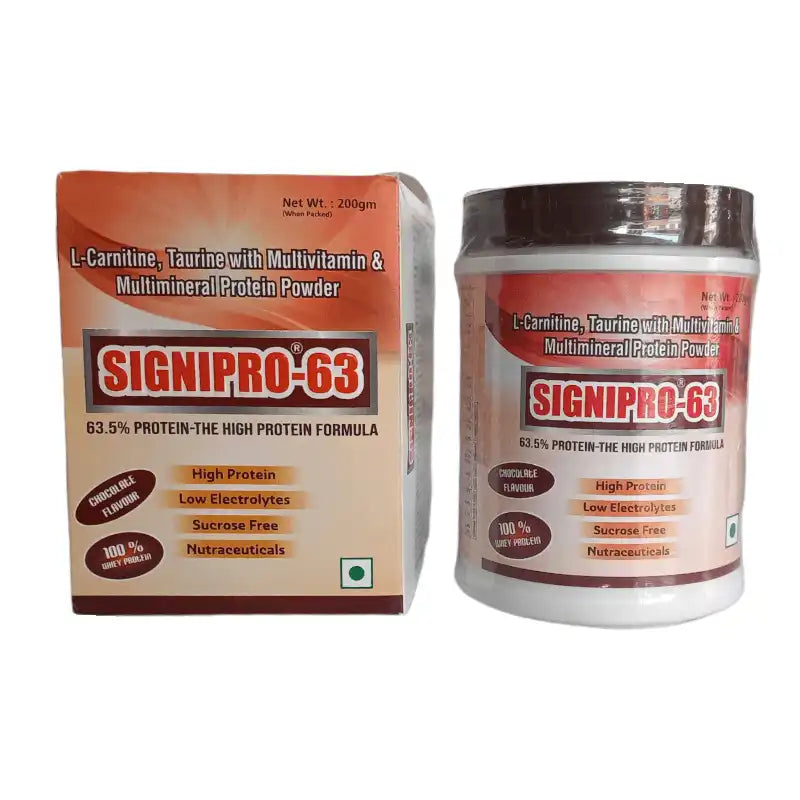 Image of a container of chocolate-flavored Signipro 63 protein powder, a high-quality whey protein supplement for muscle growth and recovery, with the product name and branding prominently displayed on the label."