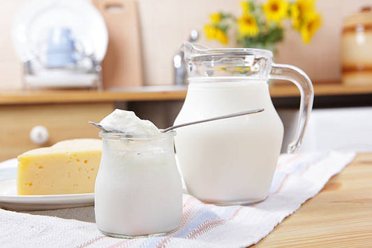 Casein powder in a spoon with milk and cheese in the background