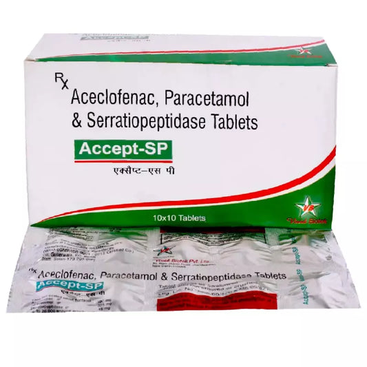 Medicine Name - Accept-Sp Tablet- 10It contains - Aceclofenac (100Mg) + Paracetamol (325Mg) + Serratiopeptidase (10Mg) Its packaging is -10 Tablet in a strip