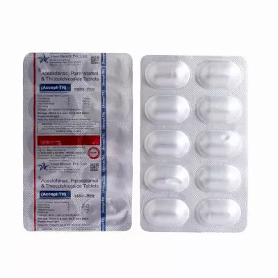 Medicine Name - Accept-Th Tablet- 10It contains - Thiocolchicoside (4Mg) + Aceclofenac (100Mg) + Paracetamol (325Mg) Its packaging is -10 Tablet in a strip