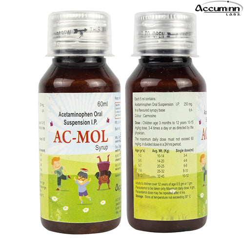 Medicine Name - AC-Mol Syrup- 60mlIt contains - Paracetamol (250mg/5ml) Its packaging is -60ml Oral Suspension in a bottle