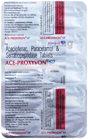 Medicine Name - Ace Proxyvon Spas Tablet- 10It contains - Drotaverine (Na) + Aceclofenac (Na) Its packaging is -10 Tablet in a strip