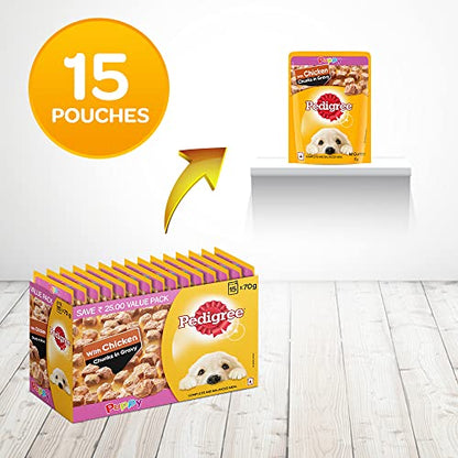 Pedigree Puppy Wet Dog Food - Chicken Chunks in Gravy, 70g (Pack of 15), Delicious and Nutritious Choice for Your Growing Pup
