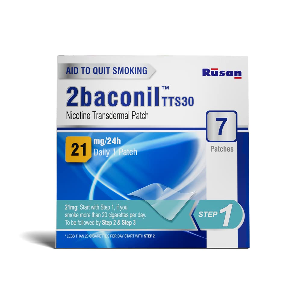 Medicine Name - 2baconil 21mg Nicotine Transdermal Patch Step 1- 7It contains - Nicotine (21mg) Its packaging is -7 Transdermal Patch in a packet