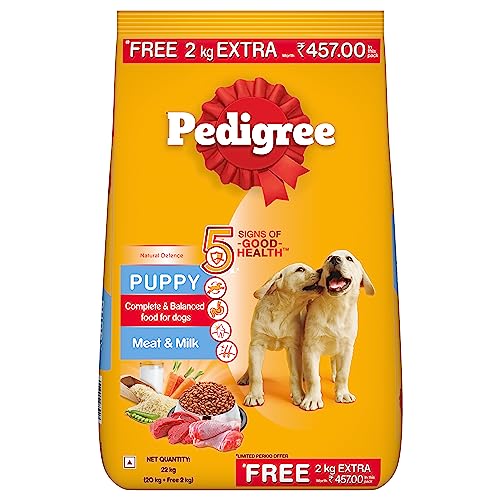 Pedigree Puppy Dry Dog Food - Meat & Milk Flavor, 20 + 2 kg Free, Complete Nutrition for All Puppy Breeds, Buy Now for Premium Puppy Care.