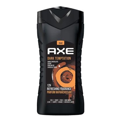 AXE Dark Temptation 3-in-1 Body, Face & Hair Wash for Men, Long-Lasting Refreshing Dark Chocolate Fragrance, Infused with Natural Origin Ingredients -Eliminates Odor & Bacteria - 250ml