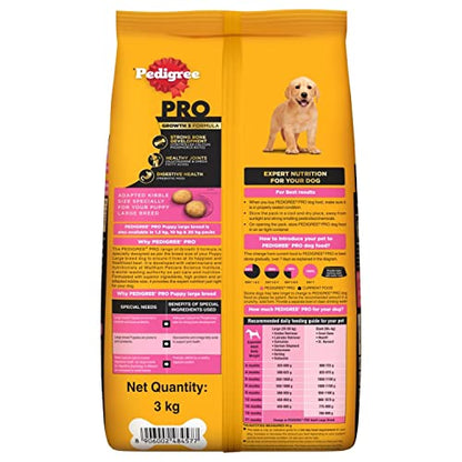 Pedigree PRO Large Breed Puppy Dry Dog Food - 3kg Pack, for Puppies aged 3 to 18 Months