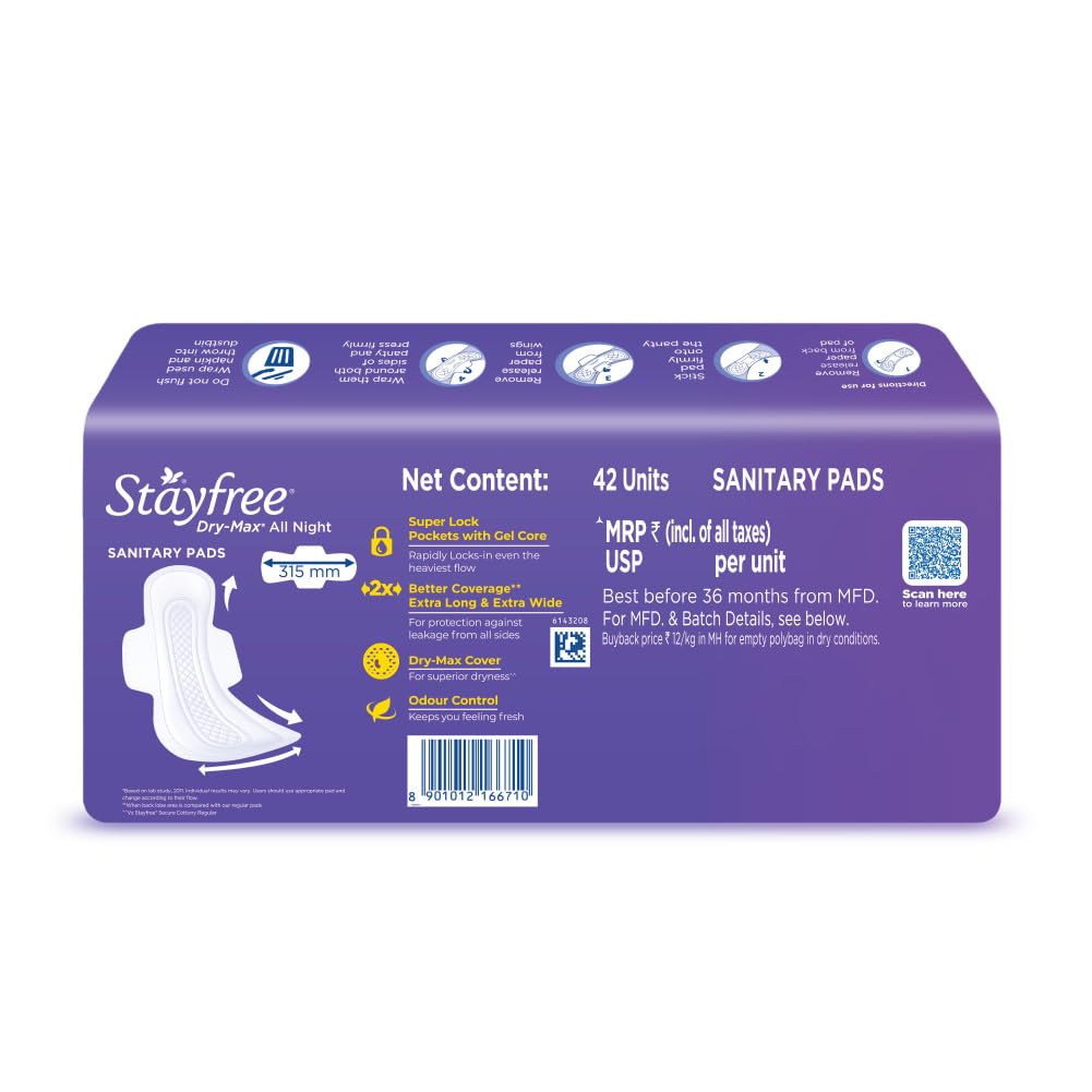 Stayfree Dry Max All Night XL Dry Cover Sanitary Pads For Women - 42 Pads