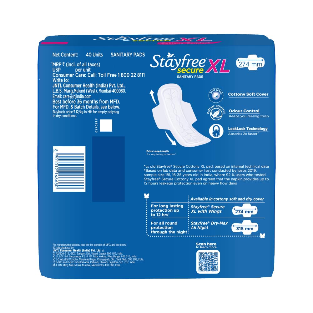 Stayfree Secure Cottony XL Sanitary Pads For Women - 40 Pads