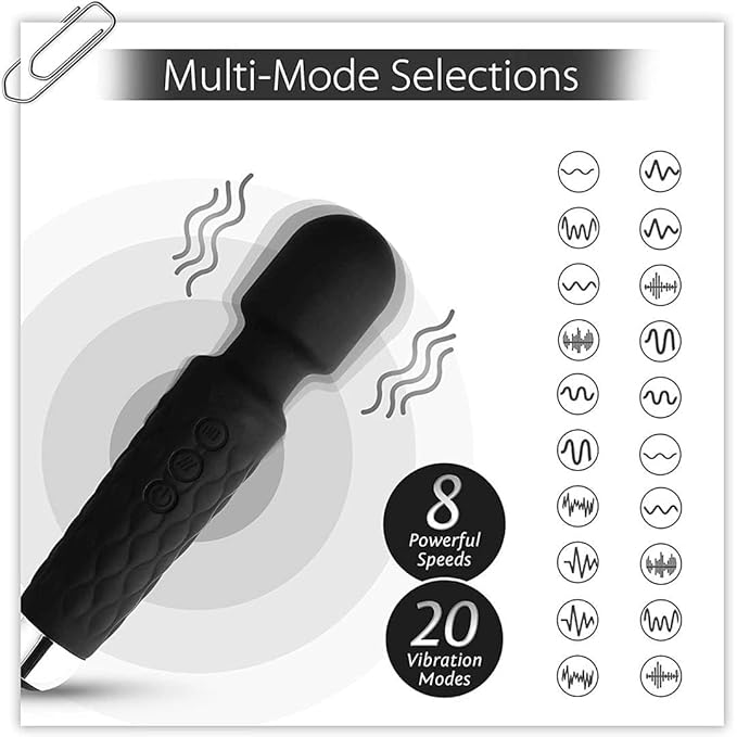 Rechargeable Full Body Massager for Women & Men – Wireless Handheld Massager with Medical Grade Silicone, 8 Speeds, 20 Modes (Black)