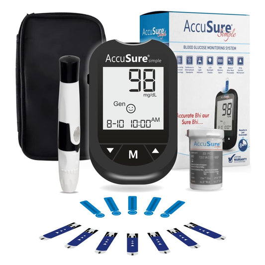 Medicine Name - Accusure Simple Blood Glucometer With 25It contains - Glucometer Its packaging is -1 unit in a box with 25 strips