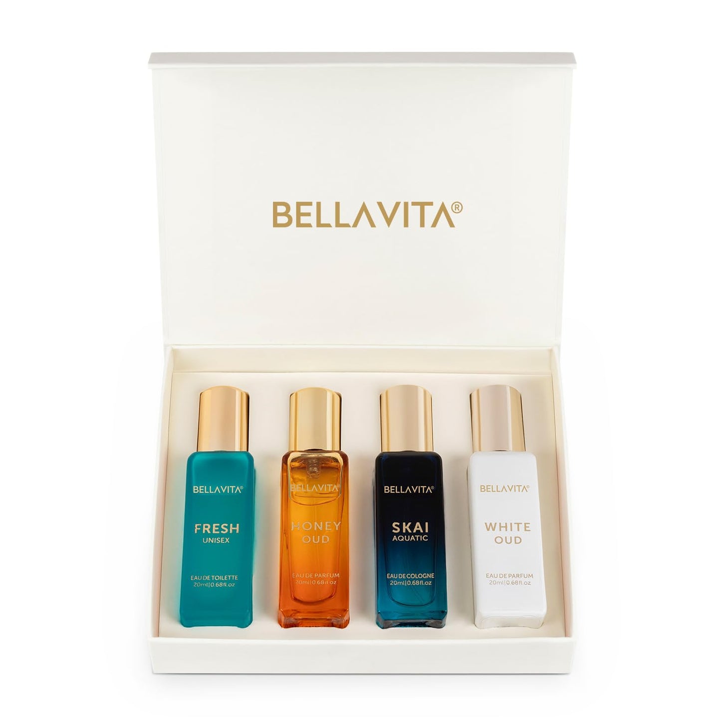 Bella Vita Luxury Unisex Eau De Parfum Gift Set 4 x 20ml for Men & Women with SKAI, FRESH, WHITEOUD, HONEY OUD Perfume|Long Lasting  [Product Information & Review]