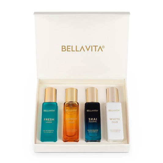 Bella Vita Luxury Unisex Eau De Parfum Gift Set 4 x 20ml for Men & Women with SKAI, FRESH, WHITEOUD, HONEY OUD Perfume|Long Lasting  [Product Information & Review]