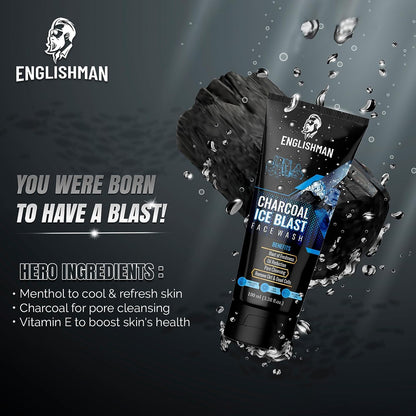 ENGLISHMAN Charcoal Ice Blast Men's Face Wash-Burst of Freshness, Controls Oil, Deep Pore Cleansing-Suitable for All Skin Types - 100ml