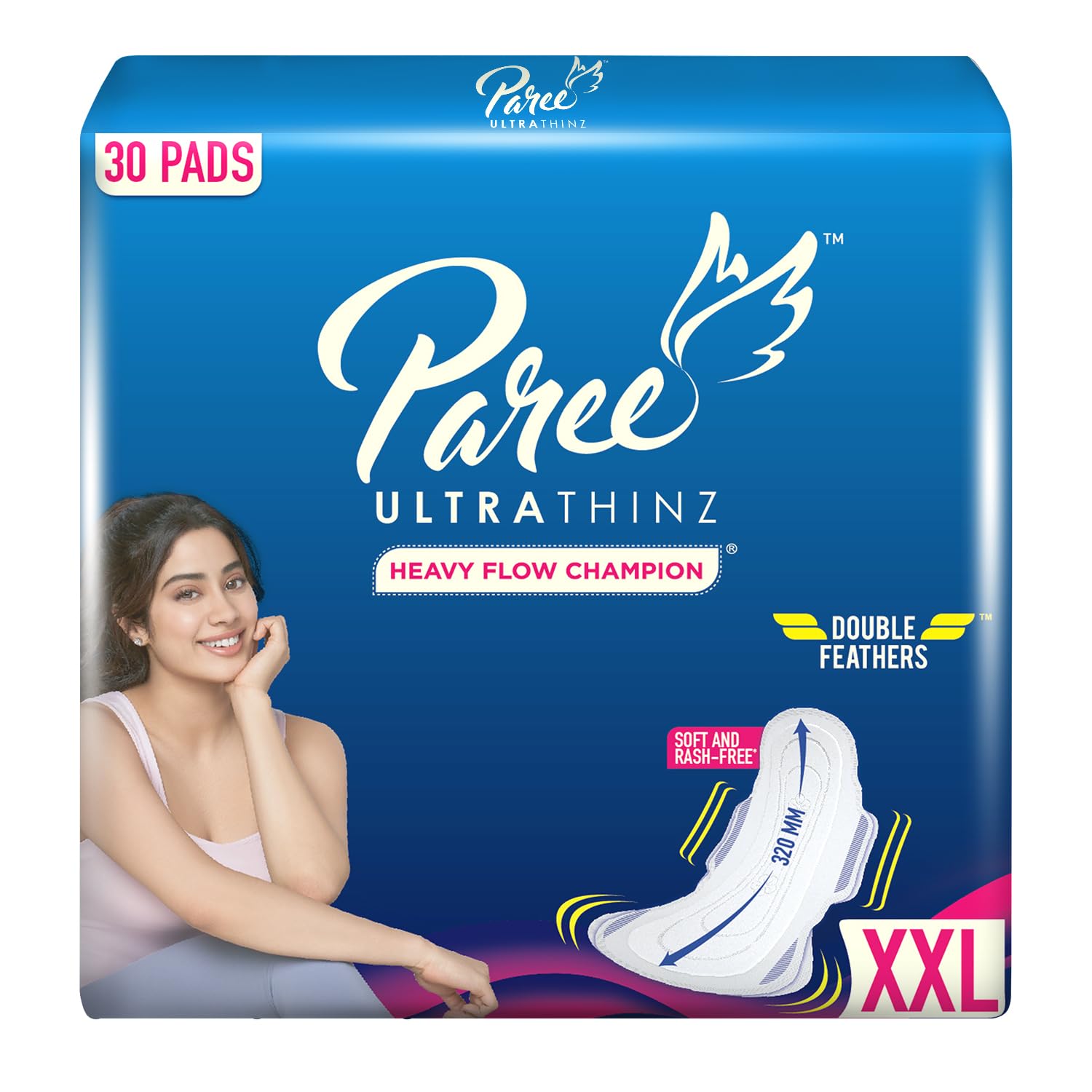 Paree Ultra Thinz Soft & Rash Free Comfort Sanitary Pads for Women With Double Feathers for Quick Absorption (size-XXL 30 Pads)
