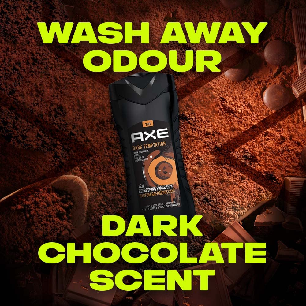 AXE Dark Temptation 3-in-1 Body, Face & Hair Wash for Men, Long-Lasting Refreshing Dark Chocolate Fragrance, Infused with Natural Origin Ingredients -Eliminates Odor & Bacteria - 250ml