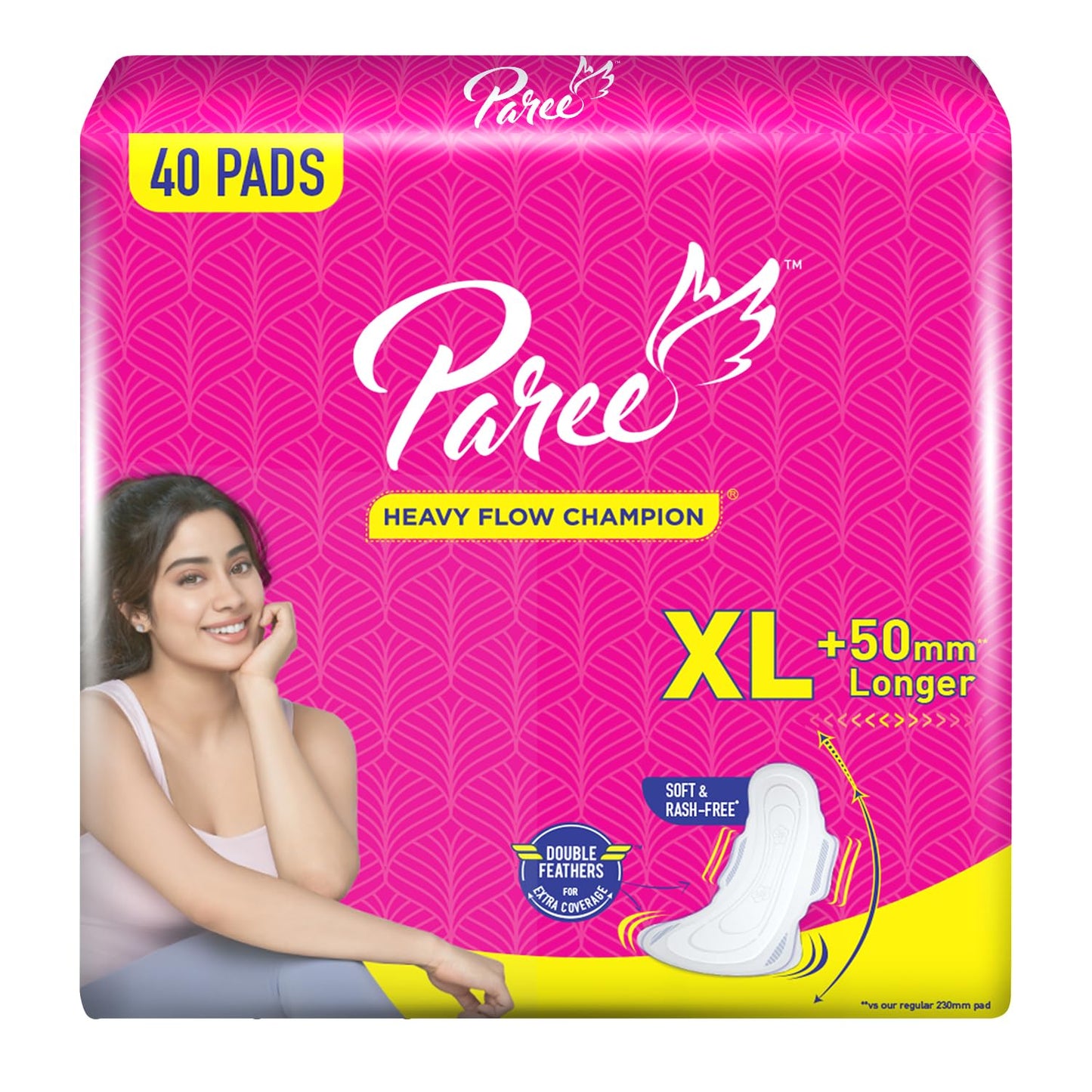 Paree Soft & Rash Free Comfort Sanitary Pads for Women With 3 Seconds Absorption For Heavy Flow, Regular | Wider Back and Gentle Fragrance - XL 40 pads in