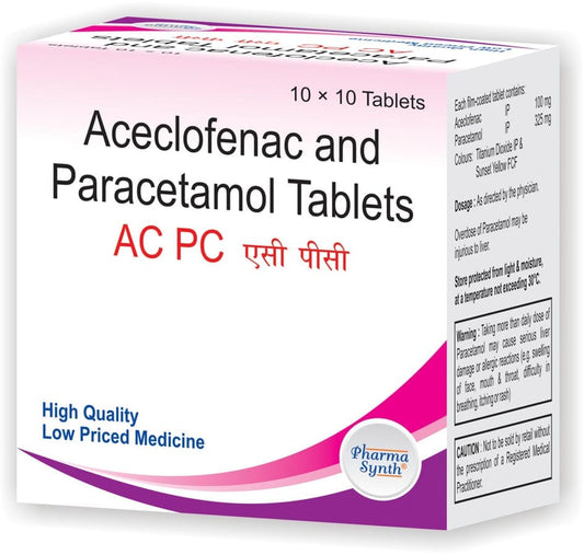Medicine Name - Ac Pc 100 Mg/500 Mg Tablet- 10It contains - Aceclofenac (100Mg) + Paracetamol (500Mg) Its packaging is -10 Tablet in a strip