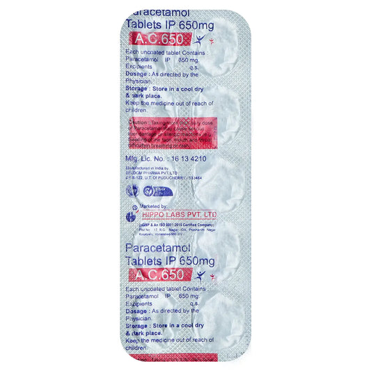 Medicine Name - AC 650mg TabletIt contains - Paracetamol (650mg) Its packaging is -10 Tablet in a strip