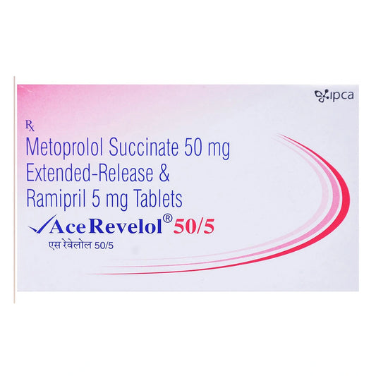 Medicine Name - Ace Revelol 50/5 Tablet Er- 7It contains - Metoprolol Succinate (50Mg) + Ramipril (5Mg) Its packaging is -7 Tablet ER in a strip