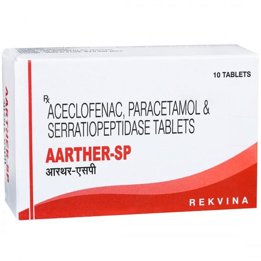 Medicine Name - Aarther Sp Tablet- 10It contains - Aceclofenac (100Mg) + Paracetamol (325Mg) + Serratiopeptidase (15Mg) Its packaging is -10 Tablet in a strip