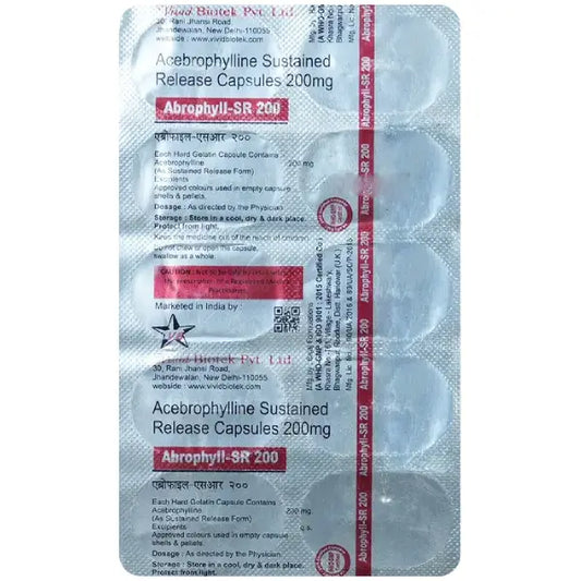 Medicine Name - Abrophyll-Sr 200 Tablet- 10It contains - Acebrophylline (200Mg) Its packaging is -10 Tablet SR in a strip