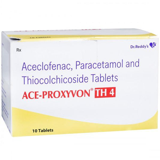 Medicine Name - Ace Proxyvon Th 4 Tablet- 10It contains - Thiocolchicoside (4Mg) + Aceclofenac (100Mg) + Paracetamol (325Mg) Its packaging is -10 Tablet in a strip