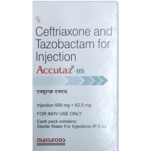 Medicine Name - Accutaz Hs 500Mg/62.5Mg InjectionIt contains - Ceftriaxone (500Mg) + Tazobactum (62.5Mg) Its packaging is -1 Injection in a vial