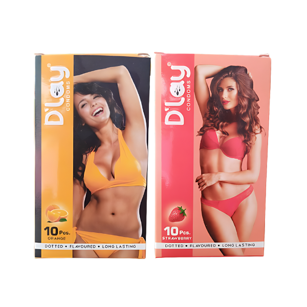 D'lay Dotted Flavored Condoms for Long-Lasting Pleasure Orange & Strawberry - 10pcs Each