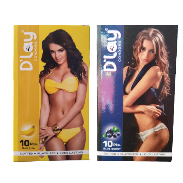 D'lay Dotted Flavored Condoms for Long-Lasting Pleasure Blue Berry & Banana - 10pcs Each