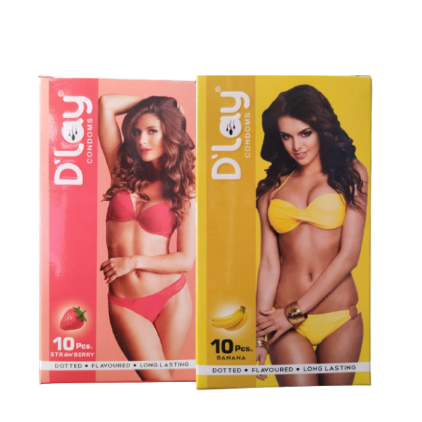 D'lay Dotted Flavored Condoms for Long-Lasting Pleasure Strawberry & Banana - 10pcs each