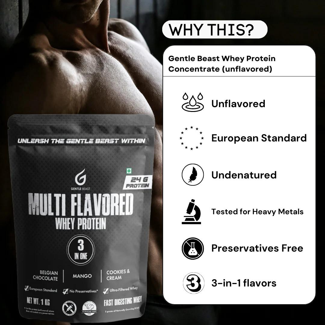 Gentle Beast Multi-Flavored 100% Whey Protein Concentrate with 3-in-1 Flavors - Gluten & Hormone Free Whey - 24g Protein