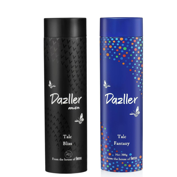 Dazller Unisex Talcum Powder Bliss & Fantazy with Smooth Texture, Long-lasting Freshness -300gm Each