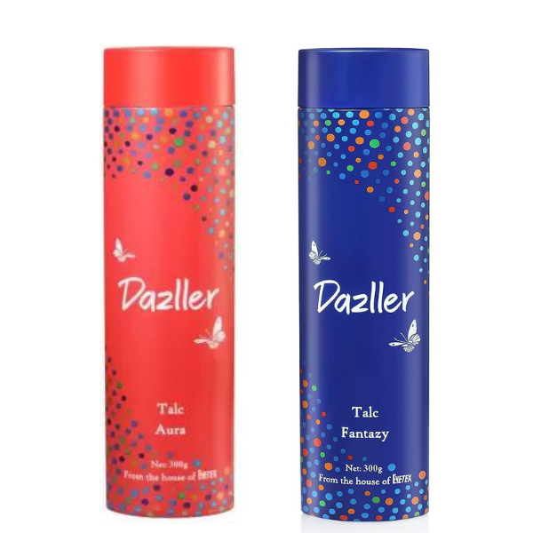 buy online Dazller Unisex Talcum Powder Aura & Fantazy with Smooth Texture, Long-lasting Freshness -300gm Each at the best price in india 