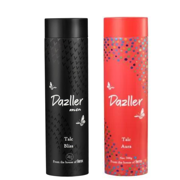 Dazller Unisex Talcum Powder Bliss & Aura with Smooth Texture, Long-lasting Freshness -300gm Each