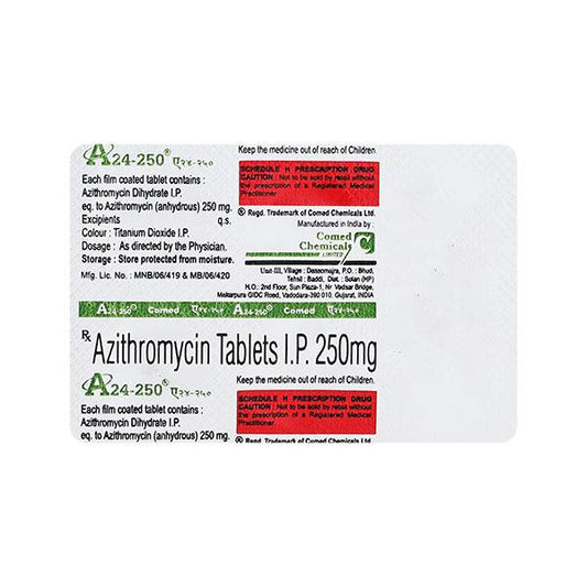 Medicine Name - A24 250Mg Tablet- 6It contains - Azithromycin (250Mg) Its packaging is -6 Tablet in a strip