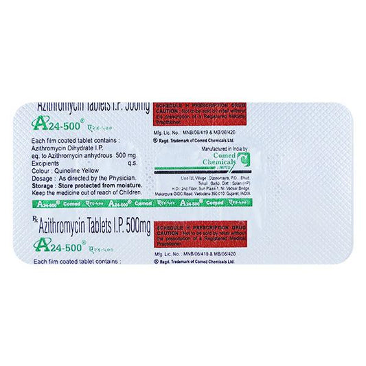 Medicine Name - A24 500Mg Tablet- 5It contains - Azithromycin (500Mg) Its packaging is -5 Tablet in a strip