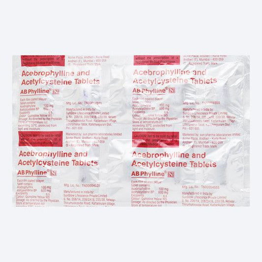 Medicine Name - Ab Phylline N Tablet- 10It contains - Acebrophylline (100Mg) + Acetylcysteine (600Mg) Its packaging is -10 tablets in 1 strip