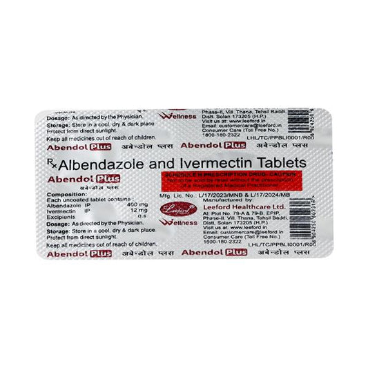 Medicine Name - Abendol Plus 12Mg/400Mg TabletIt contains - Ivermectin (12Mg) + Albendazole (400Mg) Its packaging is -1 Tablet in a strip