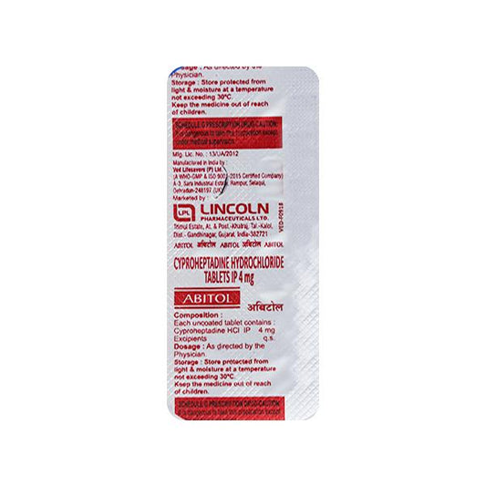 Medicine Name - Abitol 4Mg TabletIt contains - Cyproheptadine (4Mg) Its packaging is -10 Tablet in a strip