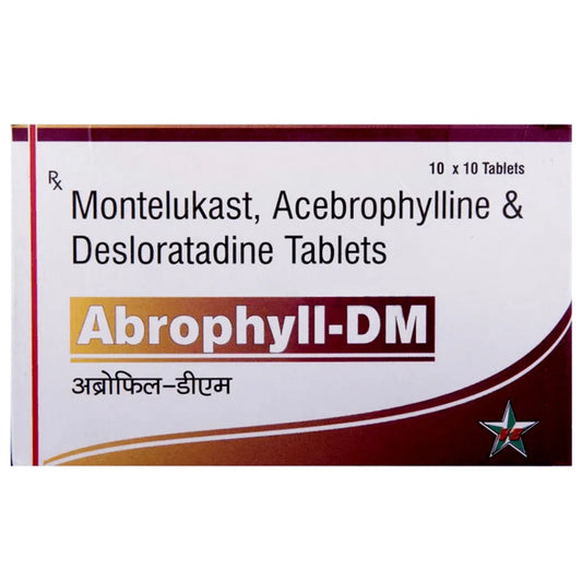 Medicine Name - Abrophyll-Dm Tablet- 10It contains - Acebrophylline (200Mg) + Desloratadine (5Mg) + Montelukast (10Mg) Its packaging is -10 Tablet in a strip