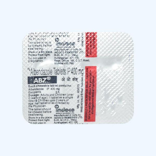 Medicine Name - Abz 400Mg Tablet- 1It contains - Albendazole (400Mg) Its packaging is -1 Tablet in a strip