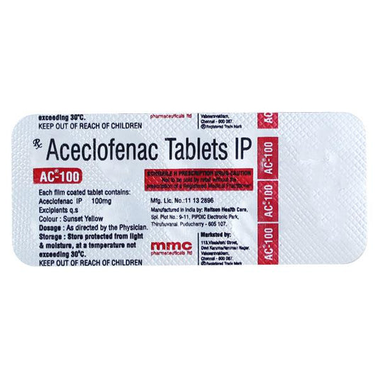 Medicine Name - Ac 100Mg Tablet- 10It contains - Aceclofenac (100Mg) Its packaging is -10 Tablet in a strip