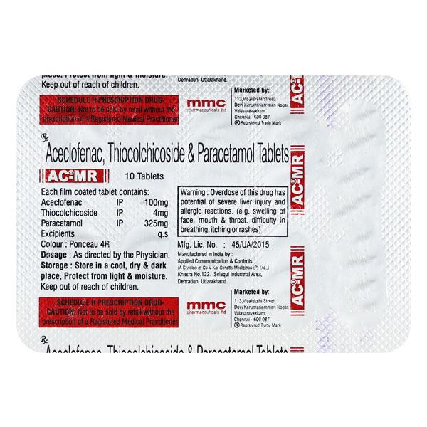 Medicine Name - Ac Mr 100 Mg/4 Mg TabletIt contains - Aceclofenac (100Mg) + Thiocolchicoside (4Mg) Its packaging is -10 Tablet in a strip