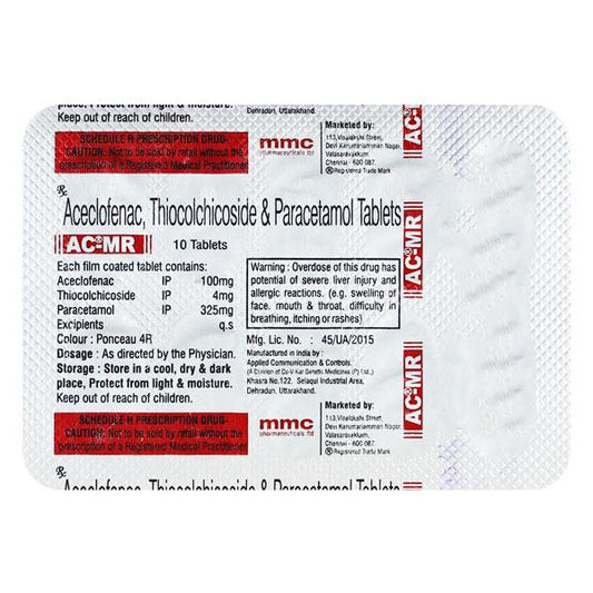 Medicine Name - Ac Mr 100 Mg/4 Mg TabletIt contains - Aceclofenac (100Mg) + Thiocolchicoside (4Mg) Its packaging is -10 Tablet in a strip