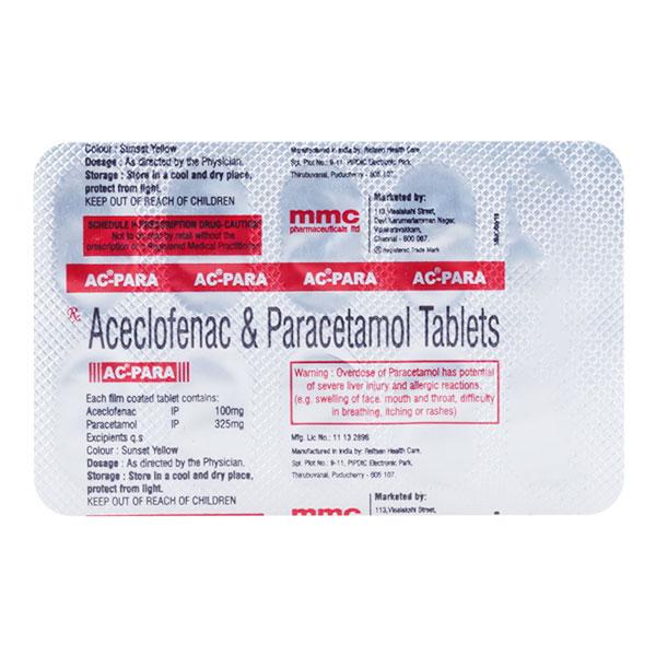 Medicine Name - Ac Para 100Mg/325Mg Tablet- 10It contains - Aceclofenac (100Mg) + Paracetamol (325Mg) Its packaging is -10 Tablet in a strip