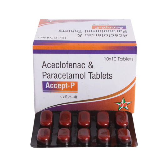 Medicine Name - Accept-P Tablet- 10It contains - Aceclofenac (100Mg) + Paracetamol (325Mg) Its packaging is -10 Tablet in a strip