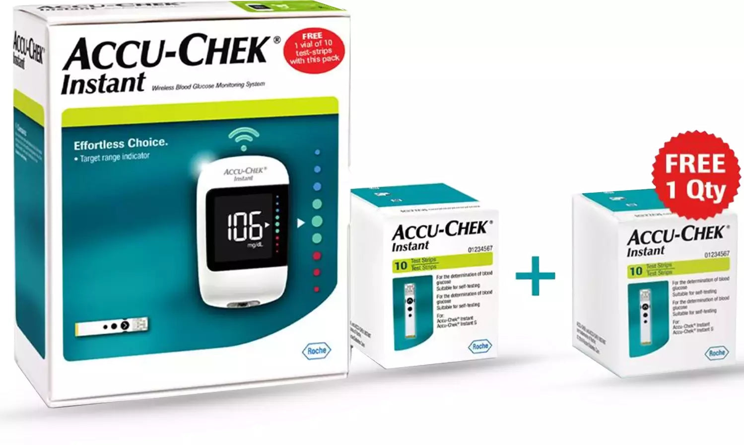 Medicine Name - Accu-Chek Combo Pack of Instant Glucose Monitoring System (10 Test Strips Free) and Instant 50 Test StripsIt contains - Blood Glucose Monitor + test Strips Its packaging is -1 Combo Pack in a box