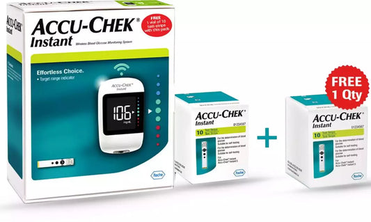 Medicine Name - Accu-Chek Combo Pack of Instant Glucose Monitoring System (10 Test Strips Free) and Instant 50 Test StripsIt contains - Blood Glucose Monitor + test Strips Its packaging is -1 Combo Pack in a box