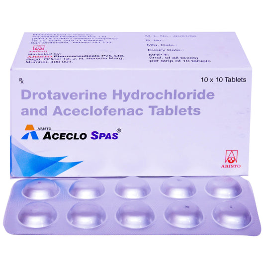 Medicine Name - Aceclo Spas Tablet- 10It contains - Drotaverine (80Mg) + Aceclofenac (100Mg) Its packaging is -10 Tablet in a strip